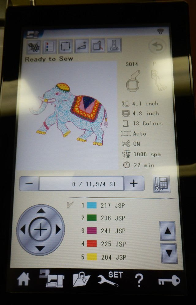 This pic shows the sreen of the Janome MC15000 after the  elephant was repositioned on the Ipad and then sent wirelessly to the MC15000......so clever, so easy .....now just embroider the elephant! 